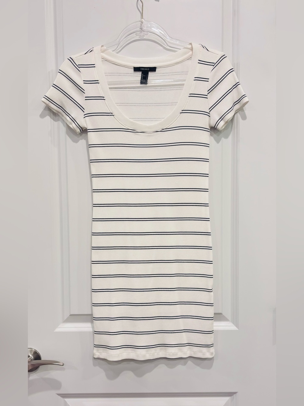 FOREVER 21 Off-White With Black Strips Scoop Neck Short Sleeve Dress - Small